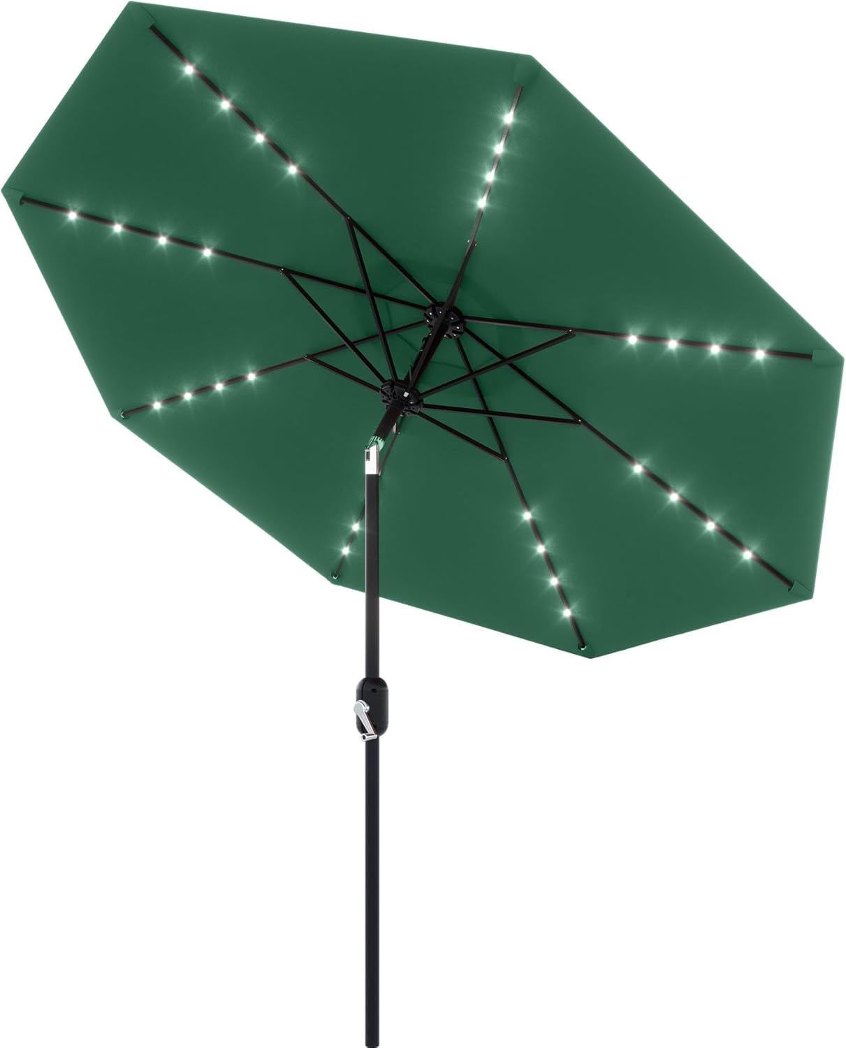 9Ft Solar LED Patio Umbrella - 32 Lights Auto-Charging, 8-Rib Heavy Duty Steel Frame, Tilt Crank & UV Resistant, Waterproof Outdoor Market Umbrella for Pool Deck Garden, Dark Green
