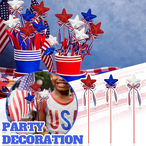 9In Long 2In Wide, Glitter Foam Five-Pointed Star Stick Plug With Red White Blue Bow, Patriotic Independence Day Party Decoration For Home Office Commercial Venue Photo Prop For