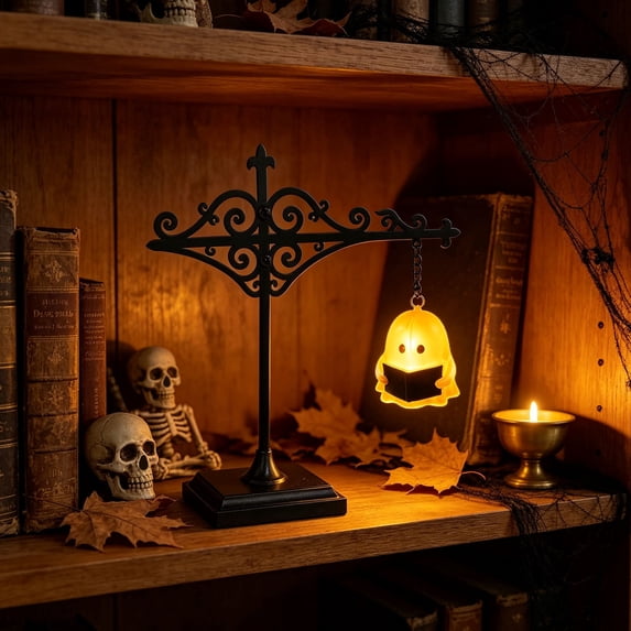 9In Vintage Ghost Bookshelf Halloween Decor with Warm LED, Portable Shelf Night Light Bookworms, Literary Ghost Lamp for Cozy Reading Corners