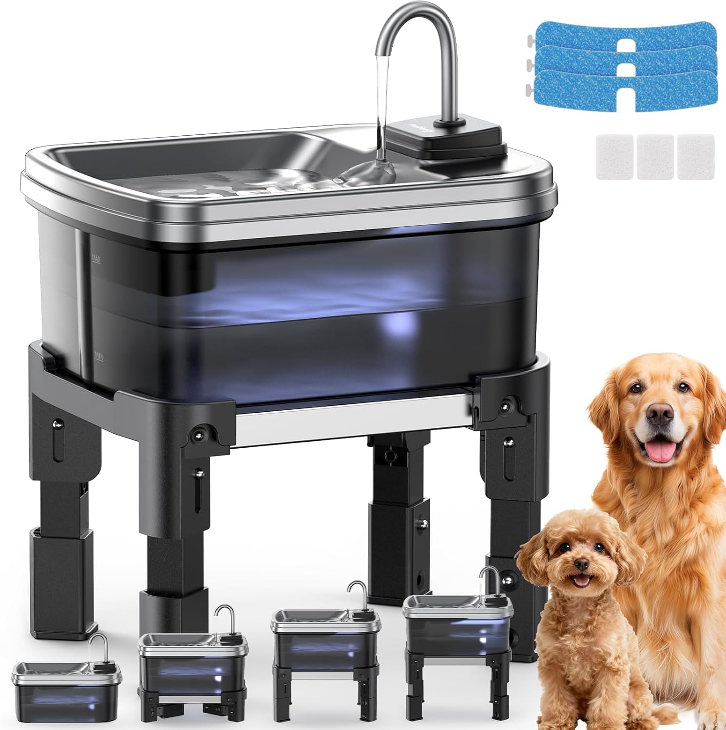 9L/2.38Gal Dog Water Fountain Elevated with 4-Height Adjustable Stand, Large Pet Water Dispenser with Durable Ultra-Quiet Pump & 304 Stainless Steel Tray, Water Fountain for Dogs Indoor