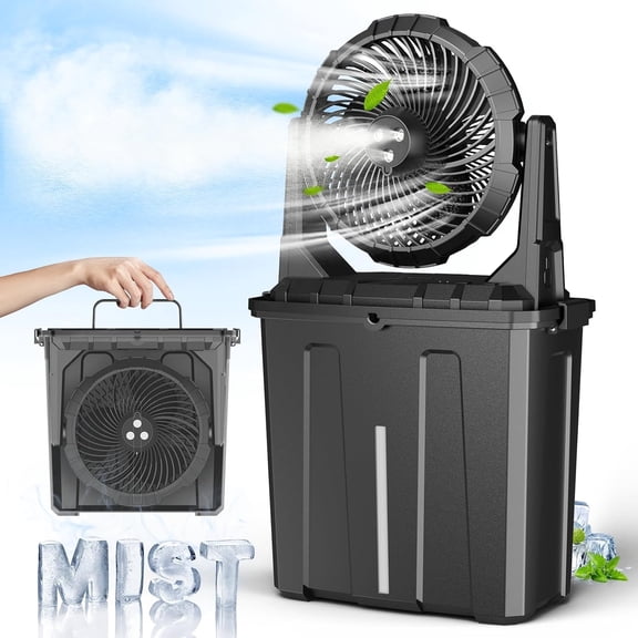 9L Bucket Portable Misting Fan for Outdoors Patios - 10IN, 20000mAh Rechargeable Battery Operated Camping Fan, 3 Strong Winds, 3 Large Spray Outlets, for Fishing/Travel/Garden/Golf/Tent/Office
