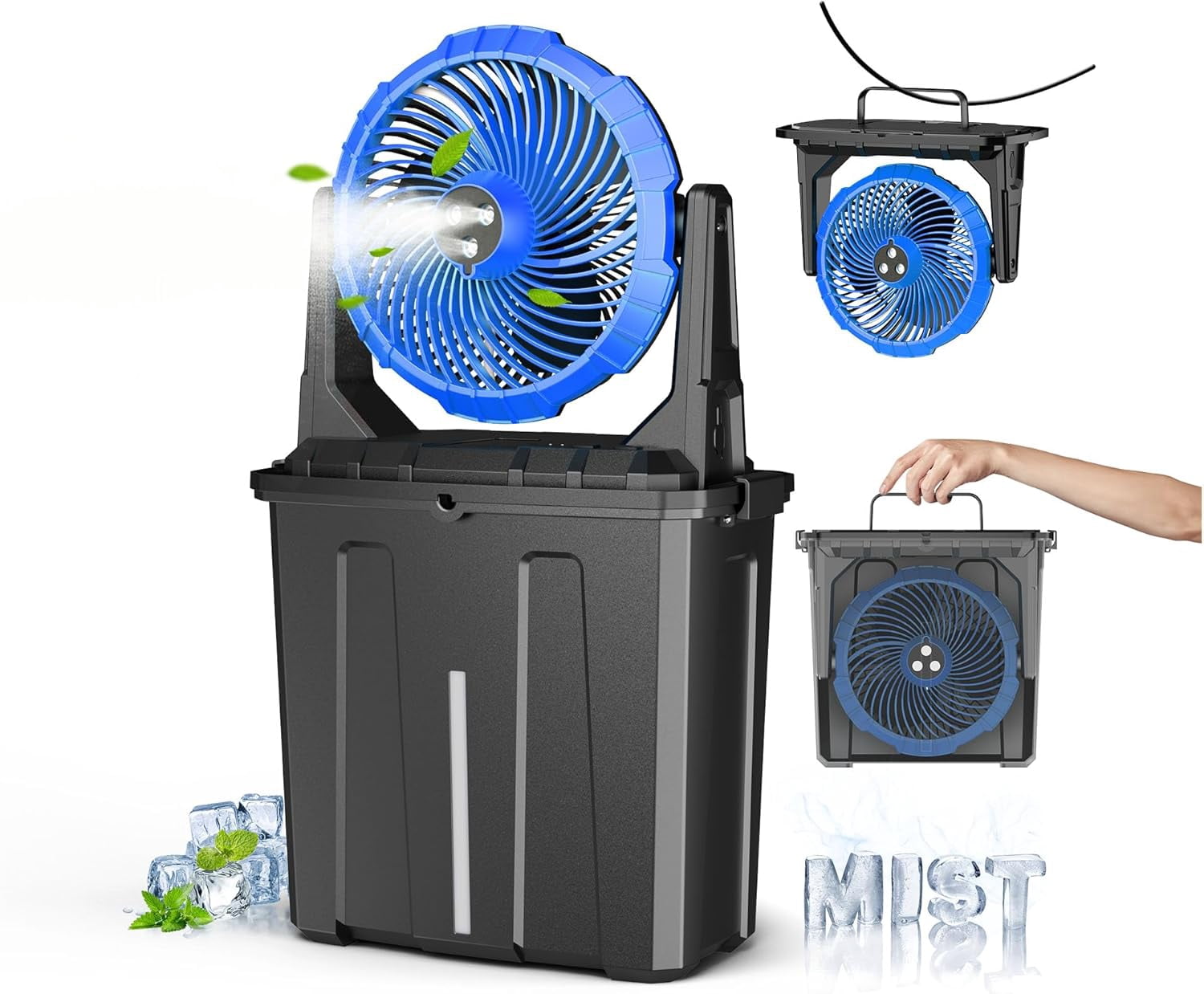 9L Bucket Portable Misting Fan for Outdoors Patios, 30000mAh Rechargeable Battery Operated Camping Fan, 3 Strong Winds, 3 Large Spray Outlets, for Fishing/Travel/Garden Party/Golf/Tent/Office,Blue