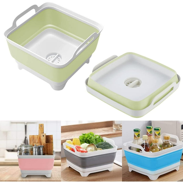 9L Collapsible Sink Multifunction Square Wash Dish Cleaning Vegetable Fruit Basket Laundry Kitchen Drain Stopper Portable Storage Basin Light Green