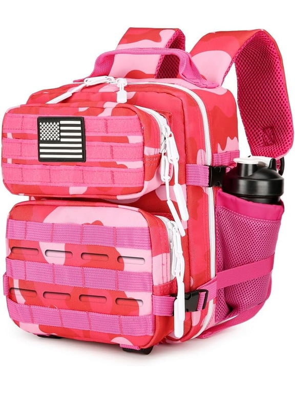 9L Mini Backpack, Pink Camo Hiking Daypack, Lightweight Travel with Water Bottle Holder and Flag Patch for Women