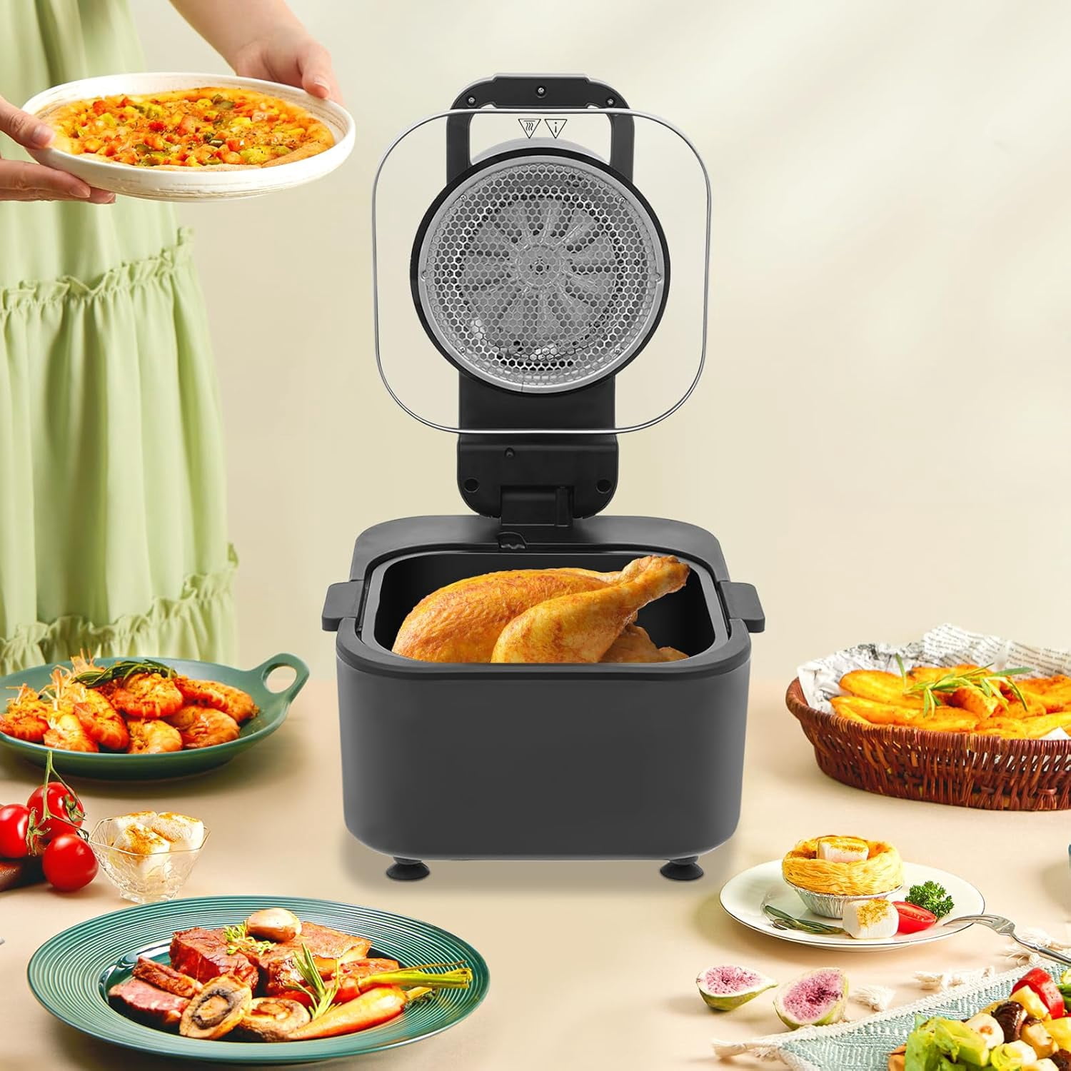 9L Portable Digital Air Fryer with Touch Screen, 1350W Countertop Air Fryer Non Toxic, Large Capacity 360° Roasting Basket for Chicken Fries, Grill, Dry, Roast, Heat - Automatic Power Off, Black