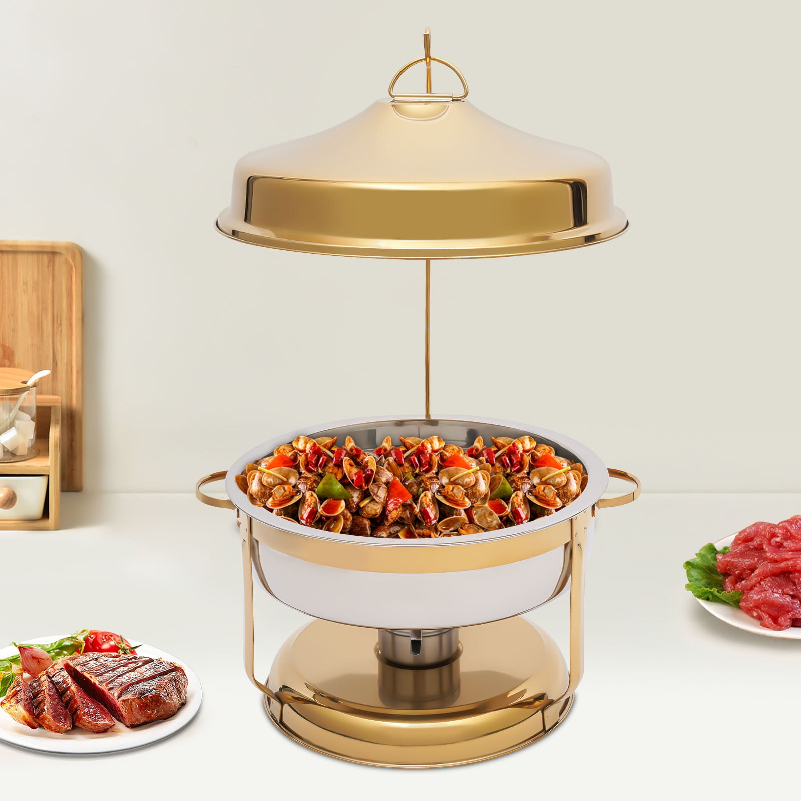 9L Stainless Steel Chafing Dish Buffet Set, Round Buffet Chafer Servers and Food Warmers with Top Lid (Gold)