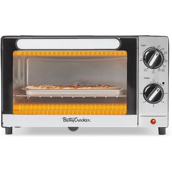 9L Toaster Oven, 2-Slice Toaster with Chrome Plated Front, Stainless Steel Handle, Bake, Broil & Toast Functions, Easy Control Dials, Includes Baking Pan & Rack, BC-5665B, Black/Silver