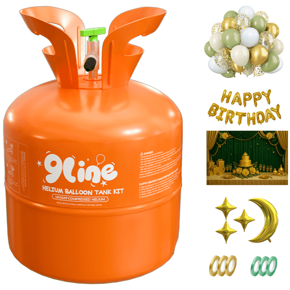 9Line Helium Tank Kit ,13L,50 Sage Green Balloons,Gold Happy Birthday Balloons ,1 Backdrop Banner&6 Bibbons