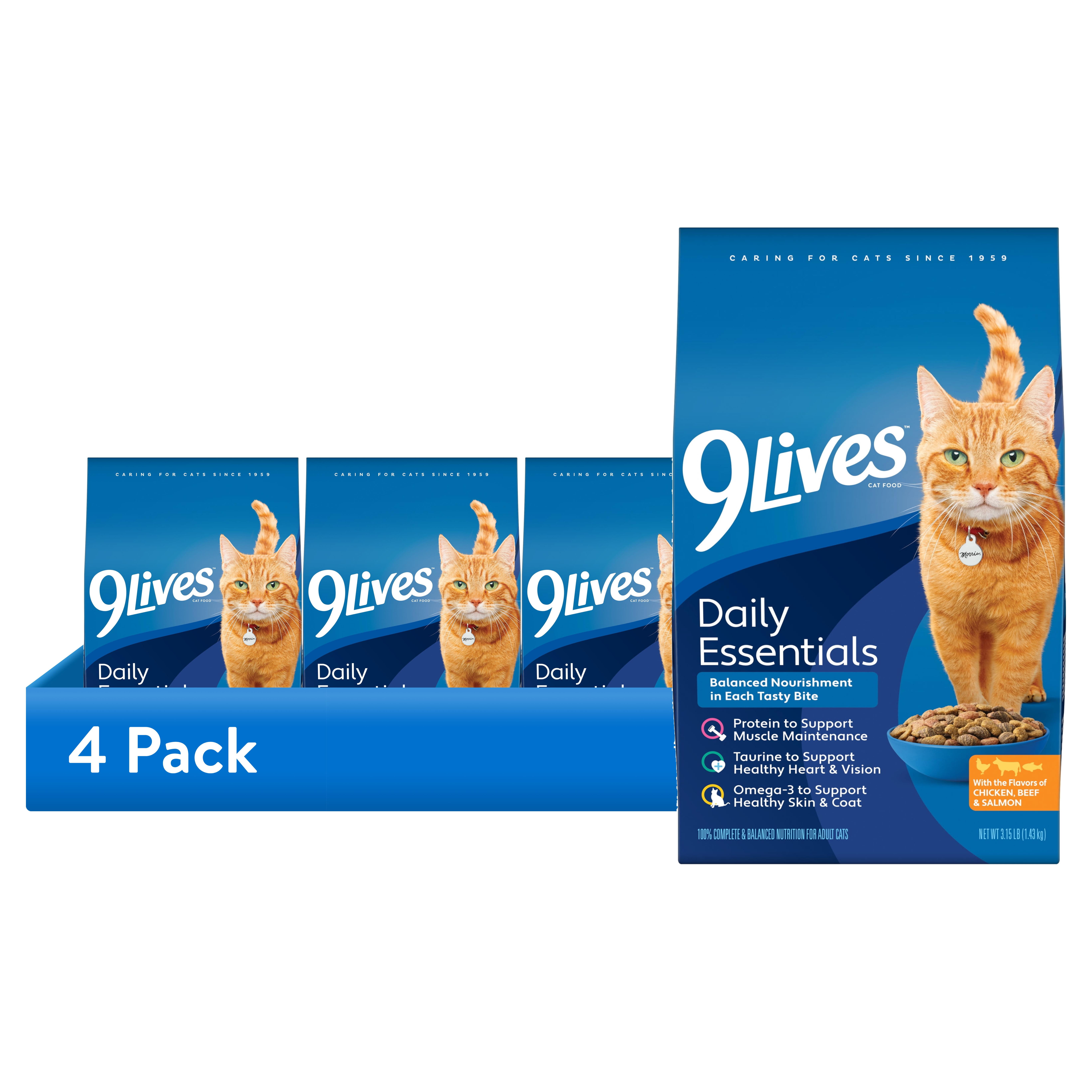(4 pack) 9Lives Daily Essentials Dry Cat Food with Chicken, Beef & Salmon Flavors, 3.15 lb. Bag