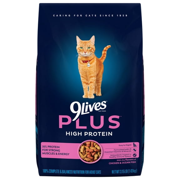 9Lives PLUS High Protein Dry Cat Food, Chicken & Fish Flavors, 3.15 lb. Bag