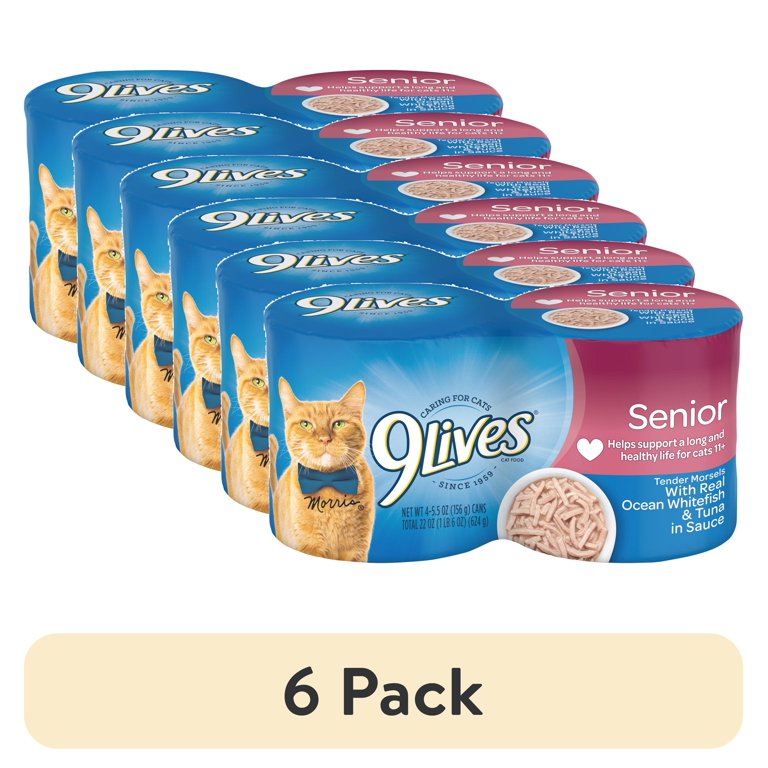 6 pack) 9Lives Senior Wet Cat Food, Tender Morsels Real Ocean 