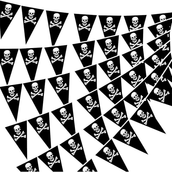 9M/29.5Ft Pirate Skull Crossbones Pennant Bunting Triangle Flags Banner Jolly Roger Banner for Pirate Theme Party Decoration Photo Booth Props Pirate Costume Set Caribbean Halloween (Black)