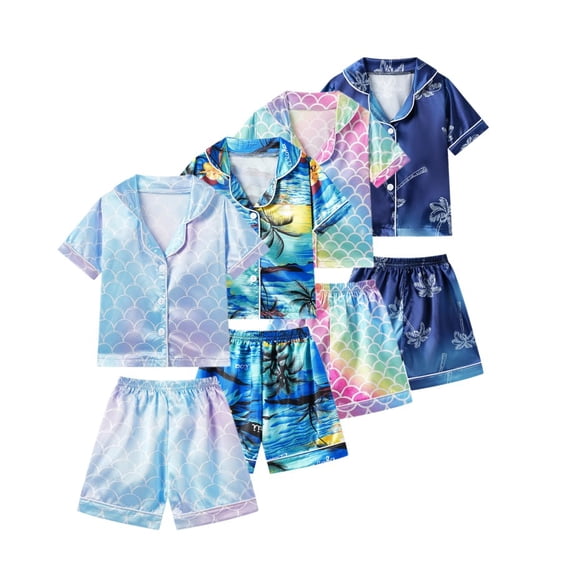 9M-6T Toddler Girls Boys Satin Silk Printed Pajama Sets, SILVERCELL Kids Short Sleeve Button Down Shirt Top+Shorts Sleepwear