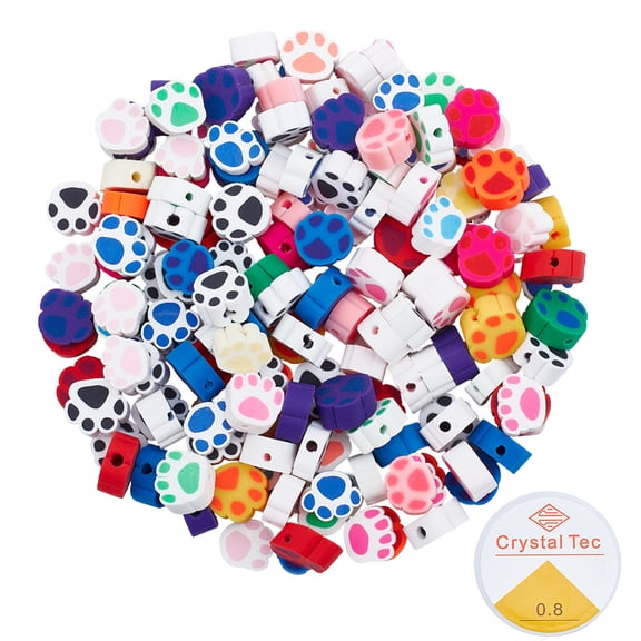 9MM 100PCS Cute Dog Paw Beads with Elastic Stretch Thread Polymer Clay Handmade Animal Bear Print Colorful Loose Bead Bulk