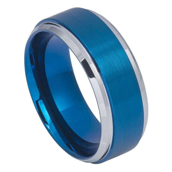 9MM Comfort Fit Tungsten Carbide Wedding Band Beveled Edge High Polish Blue Tone Ring (7 to 15) Size 15