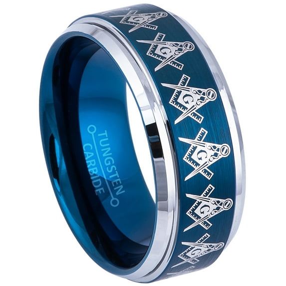 9MM Men's Masonic Tungsten Carbide Ring - Freemasonry Masonic Symbol Ring - Comfort Fit Brushed Finish Blue Tungsten Wedding Band - 10