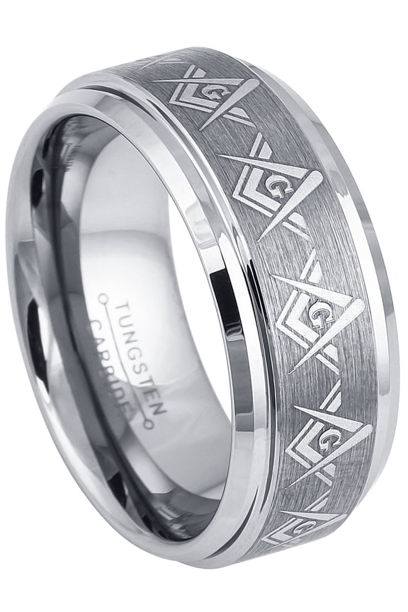 9MM Men's Masonic Tungsten Carbide Ring - Freemasonry Masonic Symbol Ring - Comfort Fit Brushed Finish Tungsten Wedding Band - 10.5
