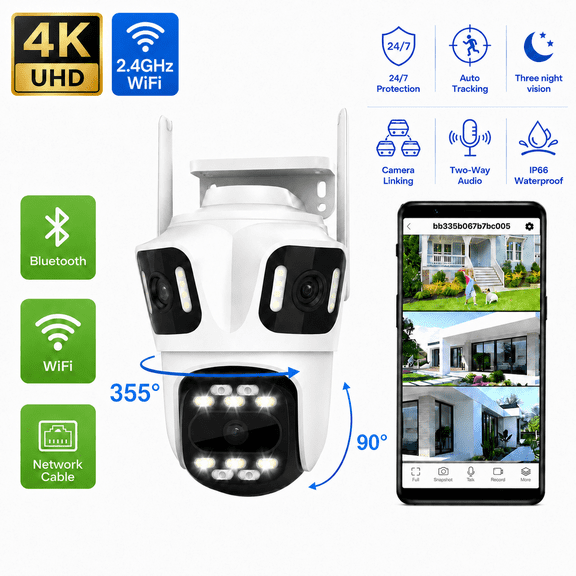 9MP Triple Lens WiFi Outdoor Security Camera, 360 Pan Tilt, Auto Tracking, 24/7 Recording, Spotlight, Night Vision, 2-Way Audio, IP66, Home Surveillance