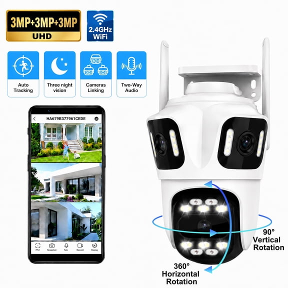 9MP Triple Lens WiFi Outdoor Security Camera, 360 Pan Tilt, Auto Tracking, 24/7 Recording, Spotlight, Night Vision, 2-Way Audio, IP66, Home Surveillance