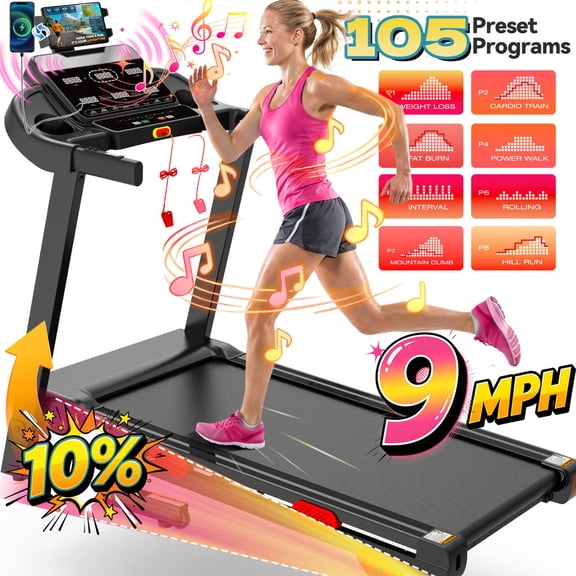 9MPH Foldable Treadmill for Home w/ Incline,Portable Treadmill 340lb Capacity,105 Programs, 3.8HP Quiet Motor, Jogging Walking Treadmill, Smart APP Control, Cushioned Running Belt Exercise Equipment