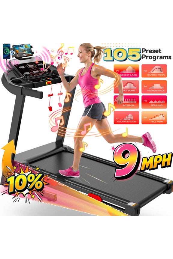 9MPH Foldable Treadmill for Home w/ Incline,Portable Treadmill 340lb Capacity,105 Programs, 3.8HP Quiet Motor, Jogging Walking Treadmill, Smart APP Control, Cushioned Running Belt Exercise Equipment