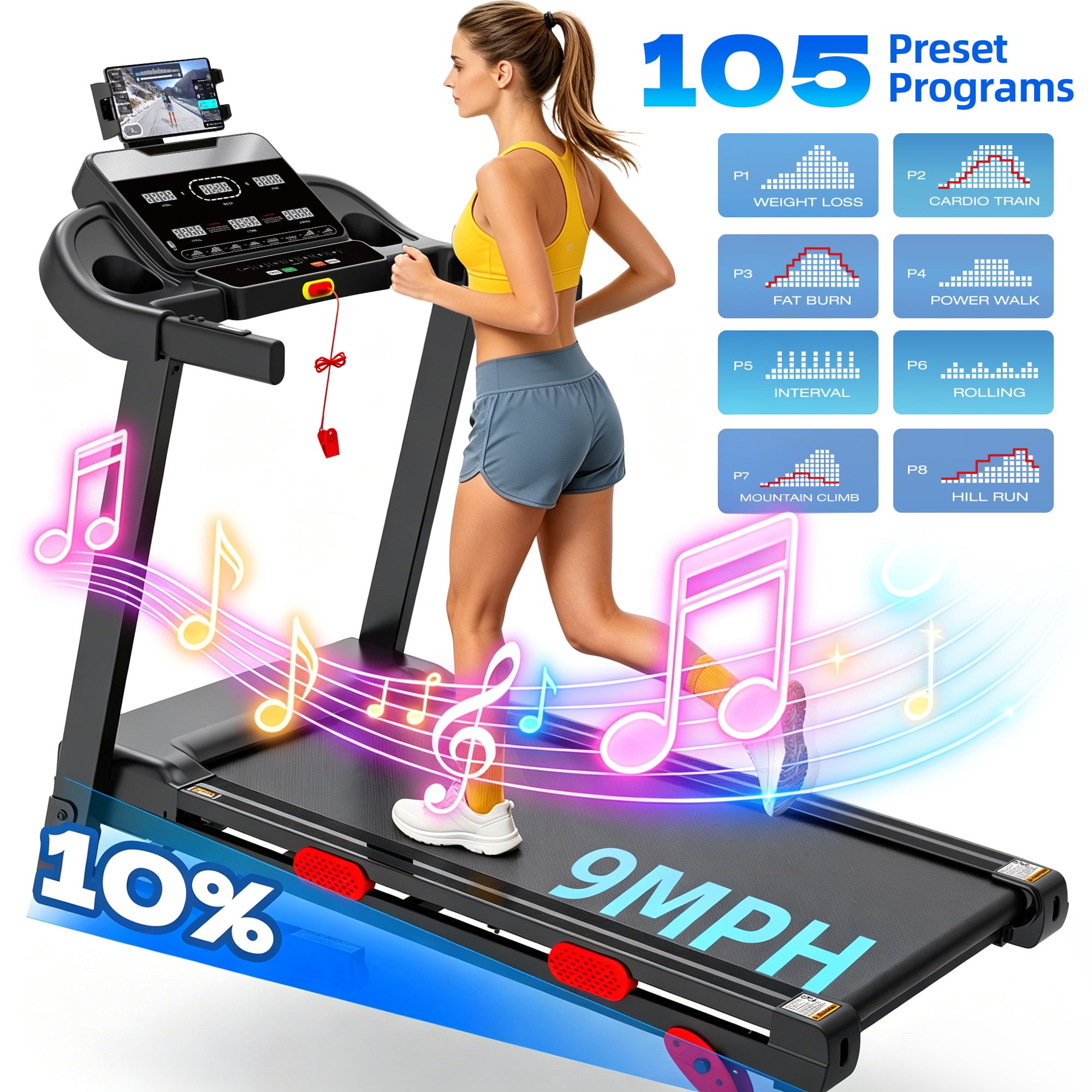 9MPH Foldable Treadmill for Home w/ Incline,Portable Treadmill 340lb Capacity,105 Programs, 3.8HP Quiet Motor, Jogging Walking Treadmill, Smart APP Control, Cushioned Running Belt Exercise Equipment