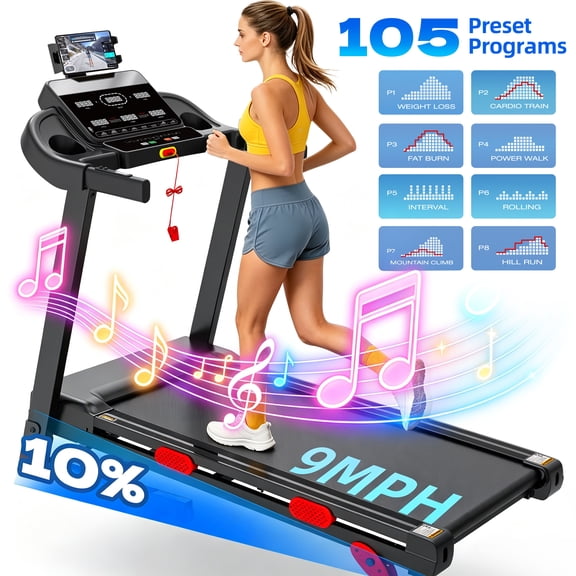 9MPH Foldable Treadmill for Home w/ Incline,Portable Treadmill 340lb Capacity,105 Programs, 3.8HP Quiet Motor, Jogging Walking Treadmill, Smart APP Control, Cushioned Running Belt Exercise Equipment