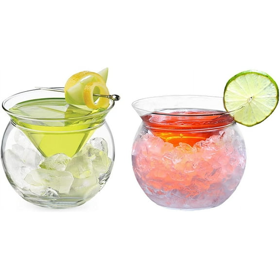 9OZ Stemless Martini Glasses with Chiller Set of 2, Elegant Cocktail Glass Set With Server Bowl, Crystal Glass Martini Glasses for Martini Wine Liquor Cocktails Margarita