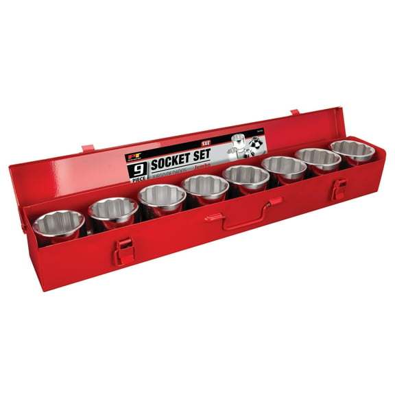 Performance Tool W1179 9-Piece 3/4-in. Drive Jumbo SAE Socket Set with Metal Storage Case, Chrome Vanadium Drop-Forged Extra Large Socket Set, 8 Sizes Between 2-1/6 to 2-1/2 in.