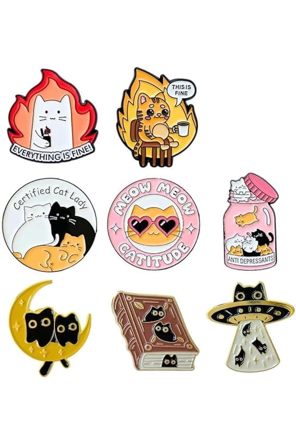 9PC Cat Enamel Pins Kitty Lapel Brooch Pin for Certified Cats Lady Mom Women Cute Funny Meme Veterinary Vet Tech Anti Depressant Animal Its Fine Knitting Orange Black with Knife Backpack Gifts