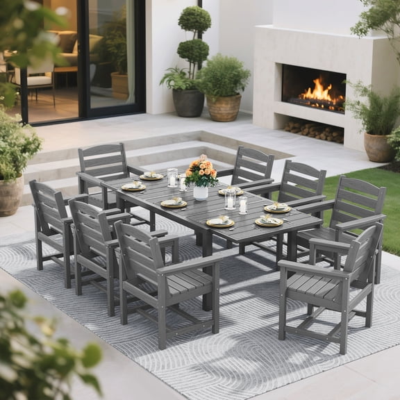LOYALICE 9PC Expandable Outdoor Dining Set,Aluminum Expandable Patio Dining Table with 8 HDPE Chairs,Weather-Resistant Patio Furniture Set,Gray