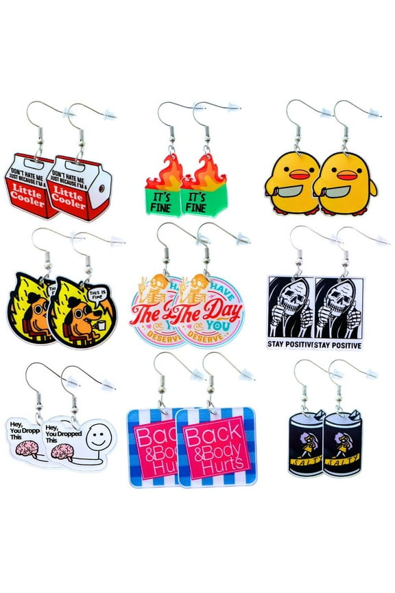 9PC Funny Earrings Pack Earring Jewelry Fun Cute Weird Unique Novelty Kawaii Funky Silly Wacky Whimsical Crazy Eccentric Quirky Sarcastic Meme Duck Dumpster Fire Dangling Dangle Women Gifts