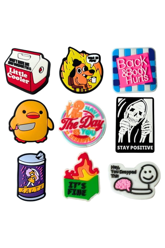 9PC Funny Shoe Charms Fun Cute Cool Meme Shoes Sarcastic Anime Cartoon Humor Charm for Adults Men Women Girls Boys Teen Dumpster Fire This is Fine Dog Duck Little Cooler Skeleton Accessories Gifts