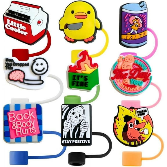 9PC Funny Straw Topper Fun Cute Kawaii Cup Cap Silicone Lid Cover for Meme Drinking Tumbler Decor Water Bottle Adult Men Women Nurse Medical Attachments Accessories Supplies Work Office Gifts