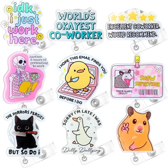 Funny Work Sarcastic Workplace Humor Cute Goose Duck Cat Designs Retractable Clip ID Name Holder Badge Reels, 9 Pack