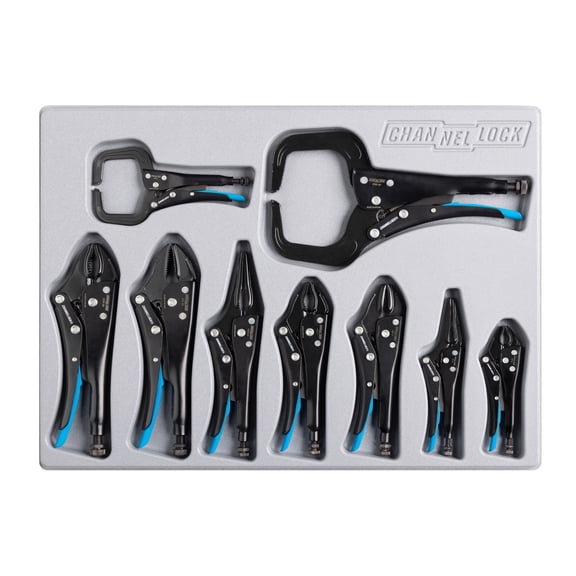 CHANNELLOCK Locking Pliers Set with Tray, Includes 3 Curved Jaw, 2 Combination Long Nose, 2 C-Clamp, and 2 Straight Jaw, 9 pieces (PC-L1)
