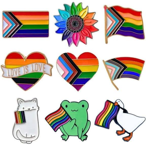 9PC Pride Pins LGBTQ LGBT Rainbow Progress Flag Enamel Pin Button for Backpack Lanyards Jewelry Gay Bi Queer Lesbian Trans Transgender Love is Love Ally Goose Frog Flower Heart Bulk Accessories