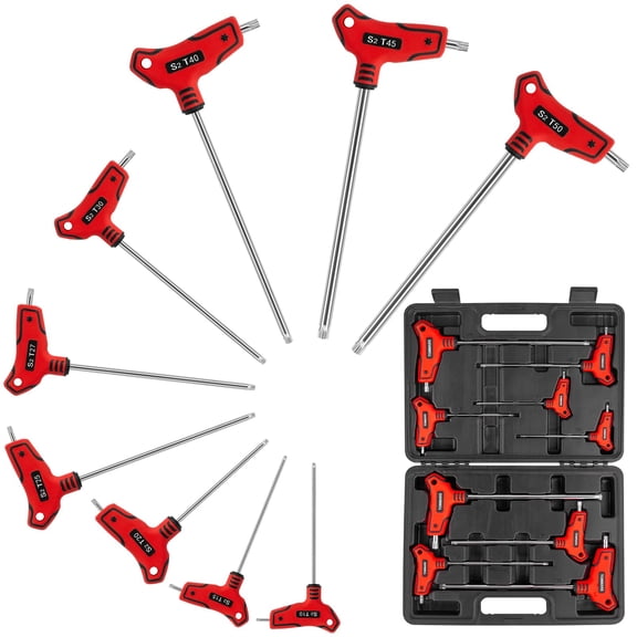 9PC T-Handle Torx Wrench Set, Tamper Proof, T10-T50 | S2 Steel, Ergonomic T-Handle, High Torque, Short & Long Arm Use, Storage Case Included