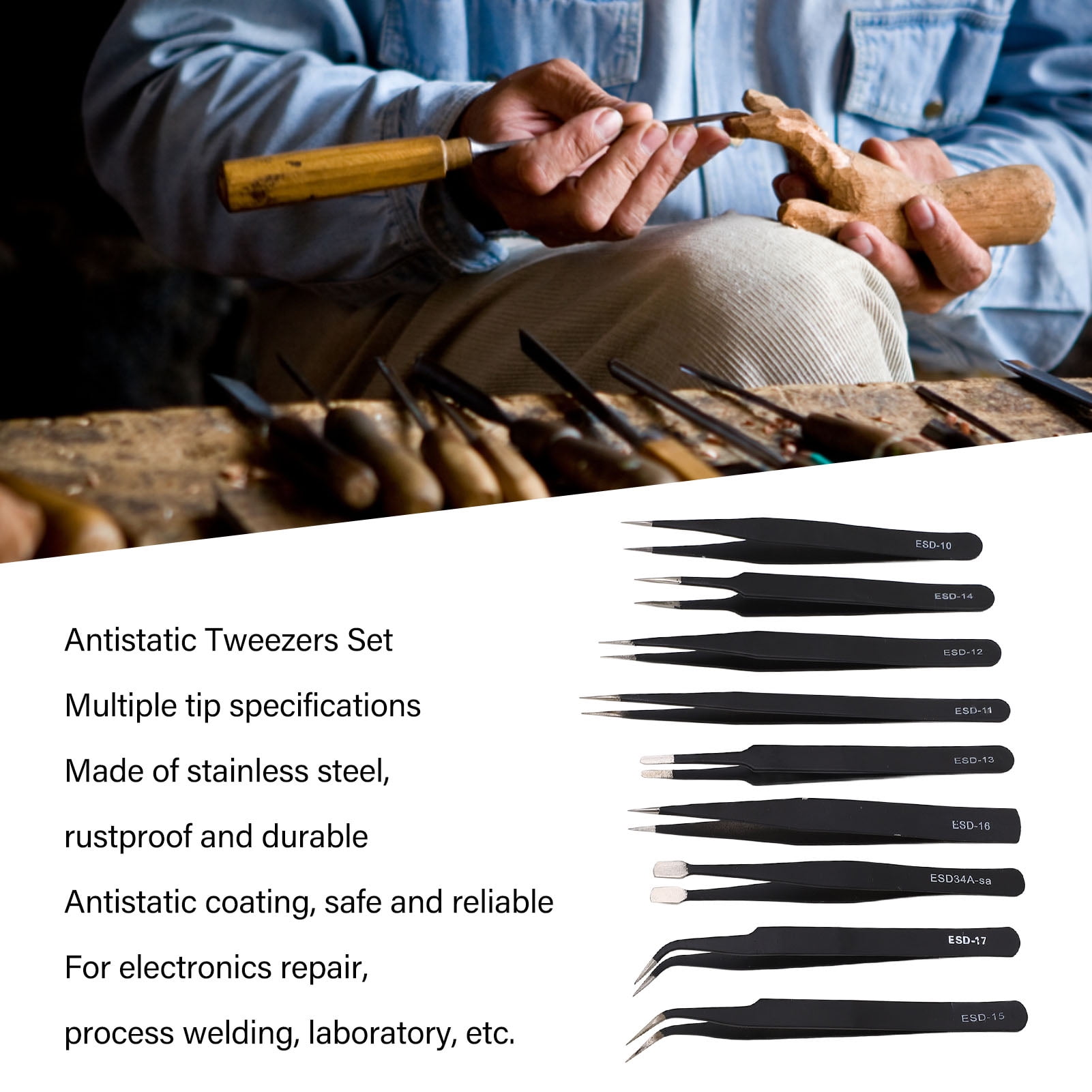 9PC  Tweezers Set, Stainless Steel, Antistatic Coating, Ideal for Electronics  Crafts