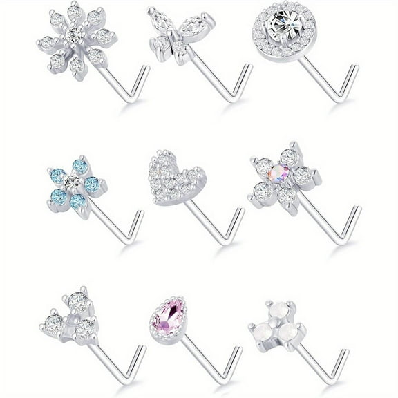 9PCS 0.8mm Stainless Steel Nose Studs, Lip Rings Snowflake Flower Butterfly Heart Round CZ, Body Piercing Jewelry Fashion Accessories, Suitable for Women Men