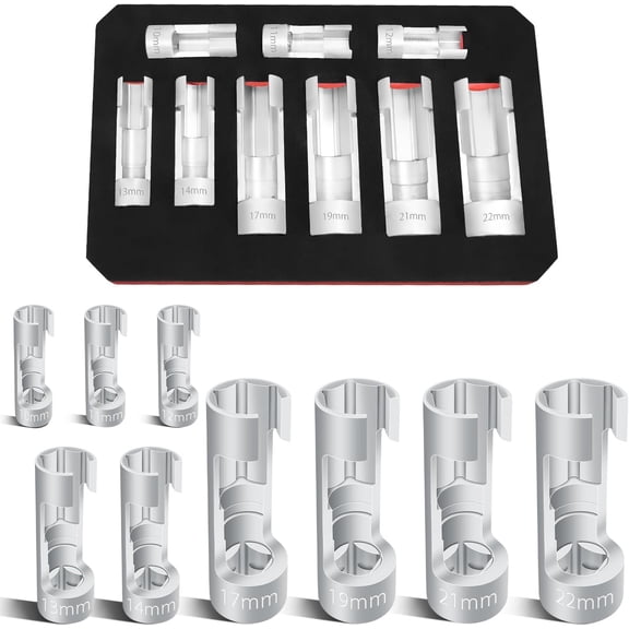 9PCS 10-22mm 3/8" 1/2" Drive Diesel Injector Fuel Line Socket Wrench Set, Metric Flare Nut Socket for Fastener on Bent Pipes, EGT Sensor, Thermo Switches, ABS Tubes, Master Cylinder