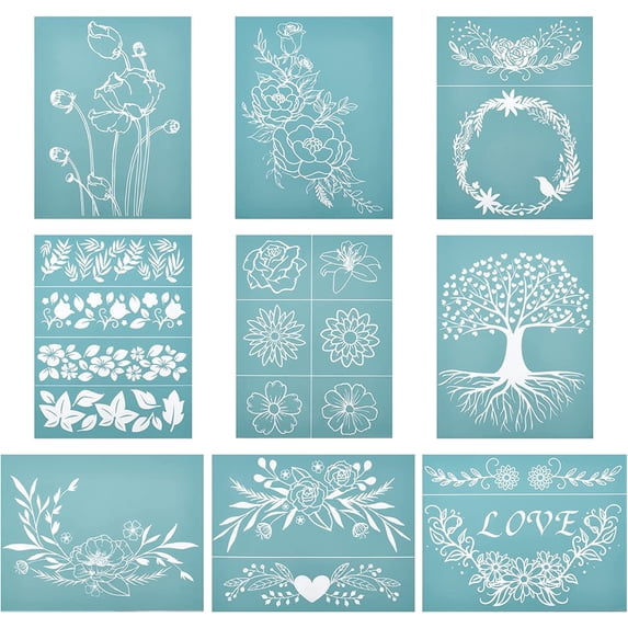 9PCS 11x8.6 Inch Self-Adhesive Silk Screen Printing Stencil Set Floral Theme Stencil Set Reusable Silk Screen Mesh Transfer for Painting on Wood Fabric T-Shirt Wall and Home Decorations