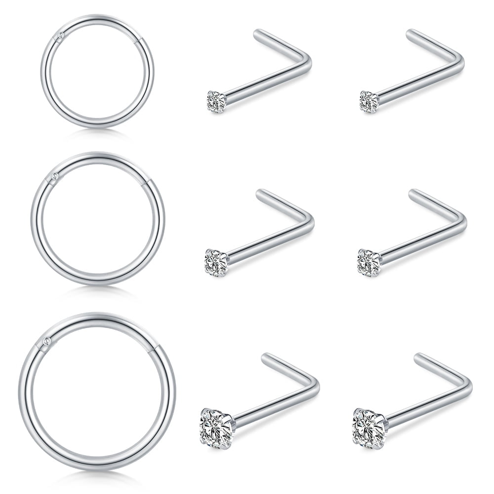 9PCS 18G 20G Stainless Steel Nose Rings Hoop L Shape Nose Studs Hinged