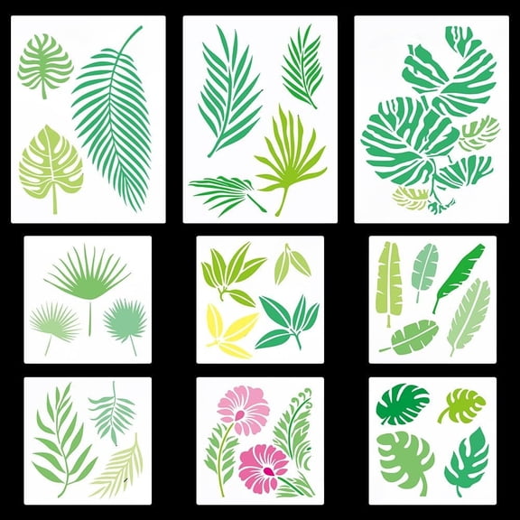 9PCS 2 Sizes Tropical Leaf Stencils Palm Monstera Leaves Template Banana Fern Foliage Flower Botanical Reusable Drawing Stencil for Painting on Wood Wall Floor Canvas Home Decor