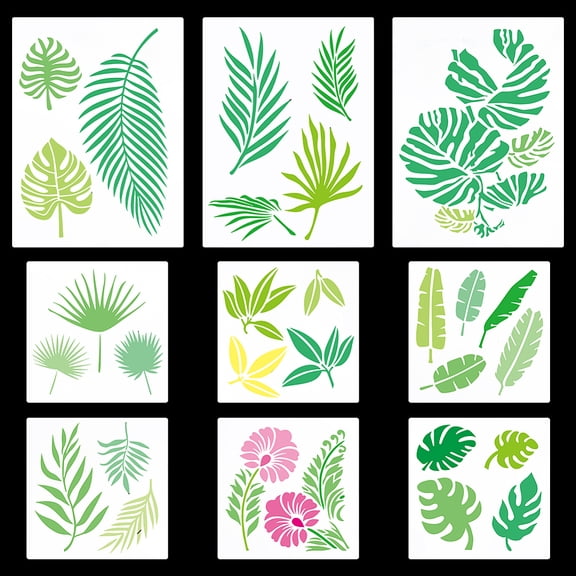 9PCS 2 Sizes Tropical Leaf Stencils Palm Monstera Leaves Template Banana Fern Foliage Flower Botanical Reusable Drawing Stencil for making
