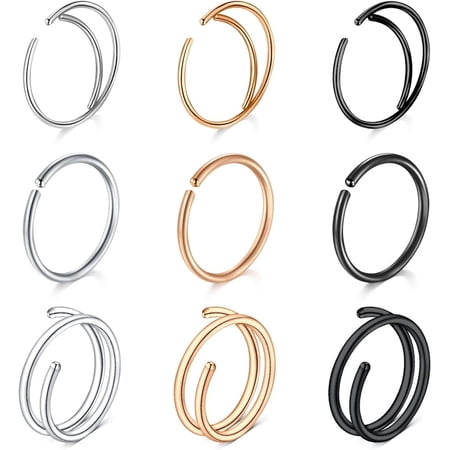9PCS 20G Nose Ring Hoop Surgical Steel Tragus Cartilage Earrings Single/Half Hoop/Double Nose Ring Nose Septum Eyebrow Lip Ear Body Piercing