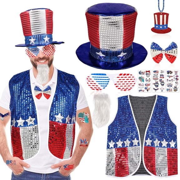 9PCS 4th of July Costume Patriotic Costume Accessories Set, Patriotic Hat American Flag Vest Usa Sunglasses Necklaces Stickers Bow Ties Beard for Independence Day