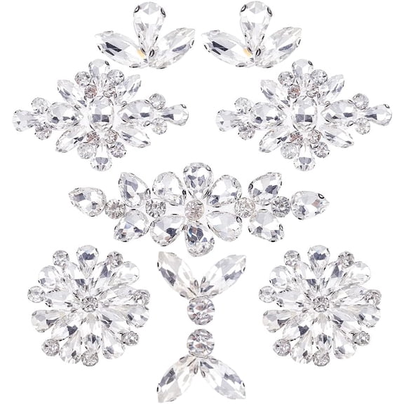 9PCS 5 Style Iron on Glass Rhinestone Applique Flower Leaf Rhombus Pattern Clear Cabochons Applique Wedding Hotfix Rhinestone Patch for Bridal Dress Decor 0.6~2.6x0.9~3.6 inch