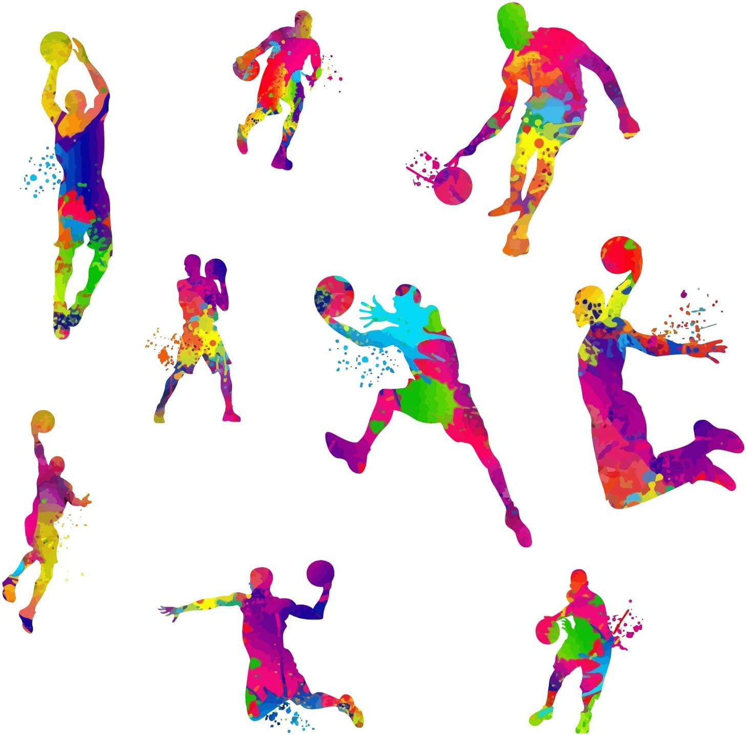 9PCS Basketball Player Dunk Wall Stickers Watercolor Sports Player Silhouette Decals Peel Stick Wall Decor Art Murals for Boys Teens Kids Room Playroom Nursery Classroom Wall Decoration