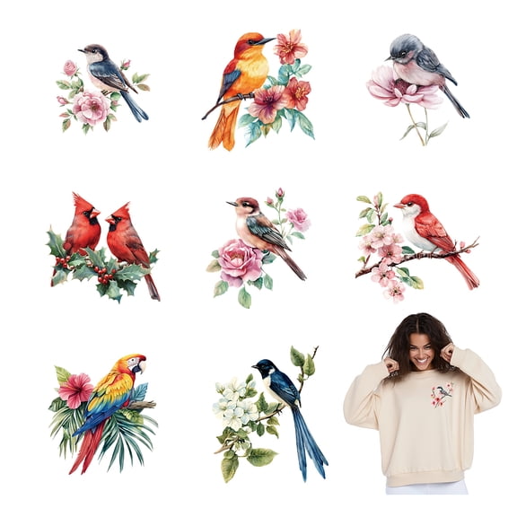 9PCS Birds and Flowers Iron On Transfers Parrot Heat Transfer Stickers Iron on Patches Stickers Hummingbirds Heat Transfer Decals